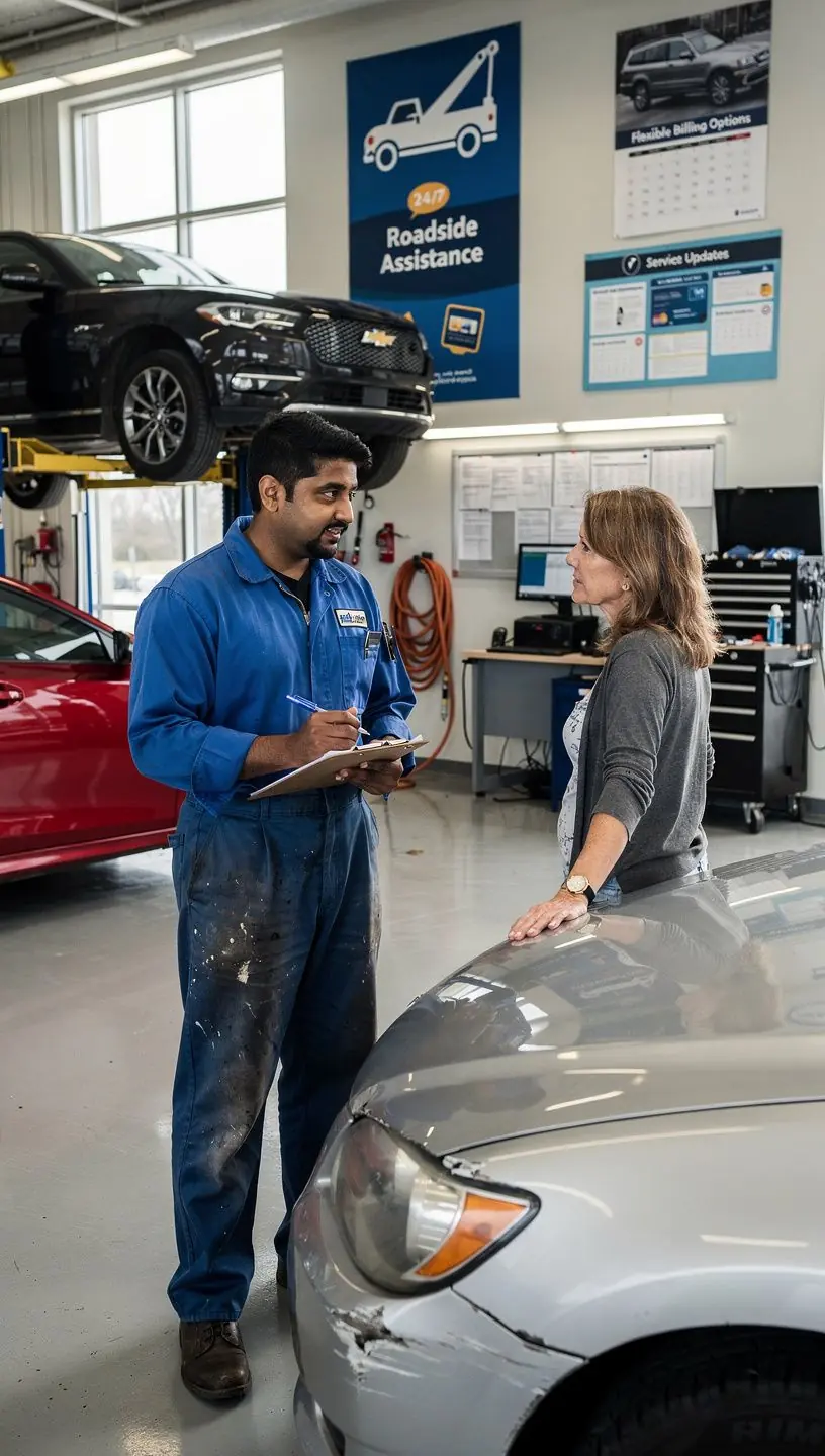 Сцена с автомобилем на обочине, когда механик помогает водителю.